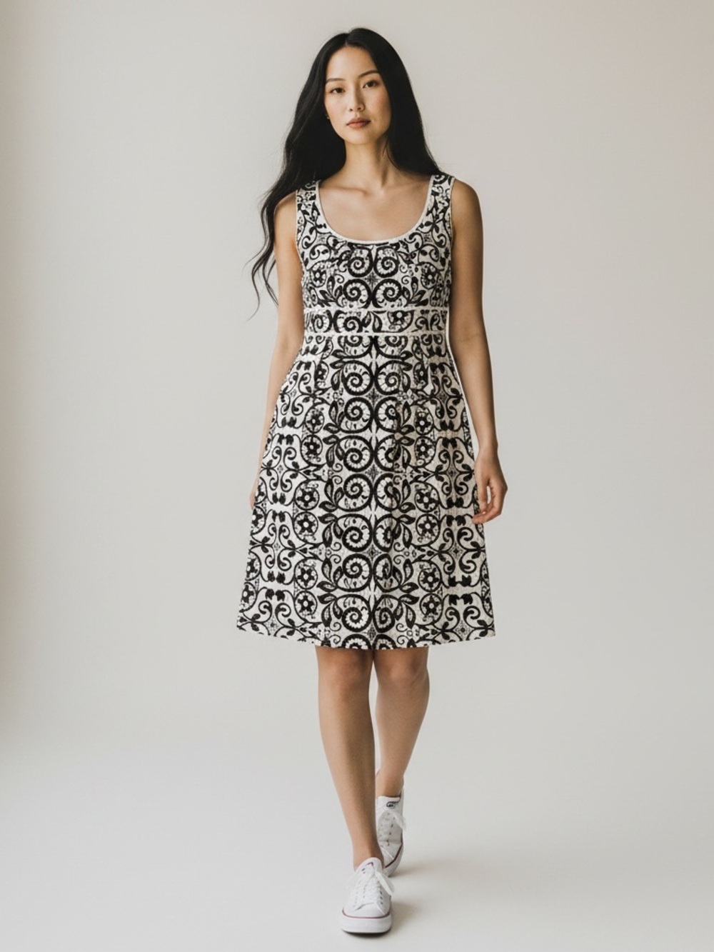 Studio M Dress White & Black Embroidered 100% Cotton Lined Women’s M Sleeveless